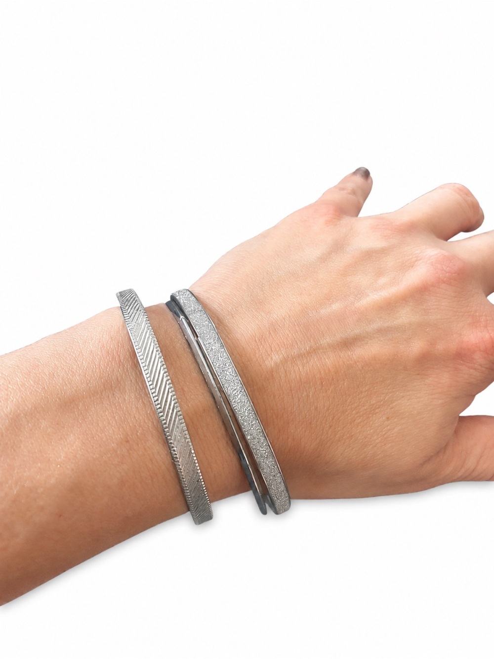 Set of 3 Silver Tone Thin Bangle Bracelets Textured Stackable Minimalist